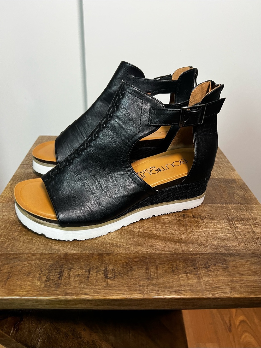 Corkys Black Leather Open-Toe Wedge Sandals with Ankle Strap